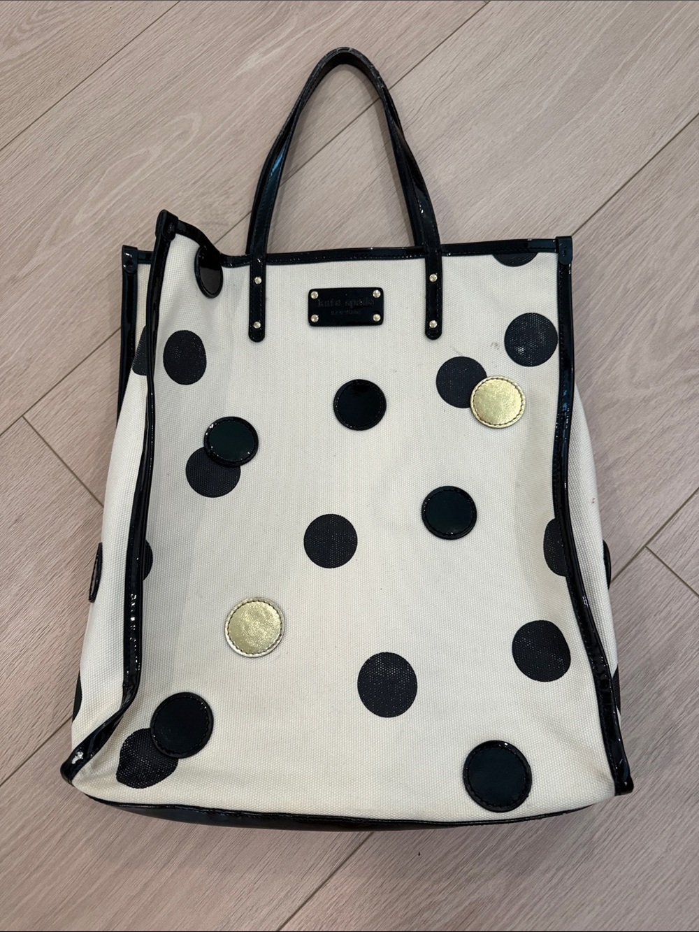 kate spade Ivory Canvas Tote with Black and Gold Polka Dots